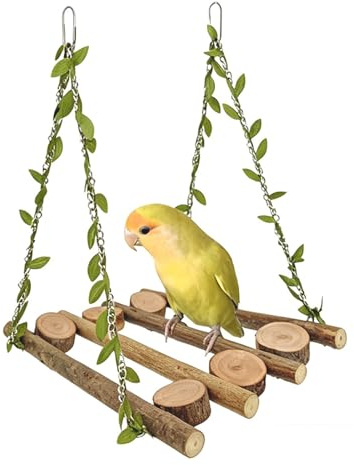 KASESSS Altalena Giochi Per Pappagalli In Legno, Naturale Trespolo per Pappagalli con Viti Verdi, Altalena per Uccelli Posatoio e Giocattolo da Masticare per Parrocchetto, Calopsitta, Piccoli Medi
