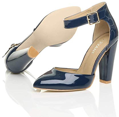 AJVANI Womens Ladies high Block Heel Two piece D'Orsay Ankle Strap Pointed Toe Court Shoes Pumps