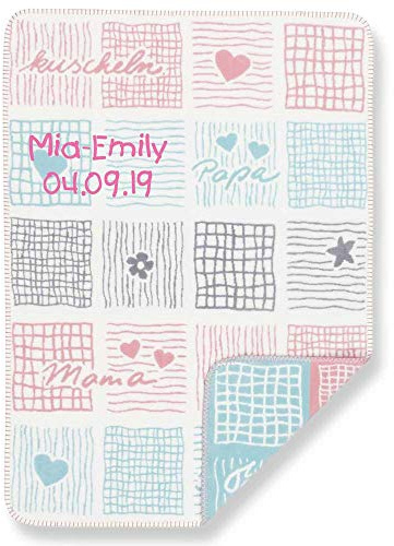SL-Store GbR Babydecke mit Namen Datum Bestickt Decke 75x100 cm Mama Papa kuscheln Herz rosa Geschenk zur Taufe zur Geburt Kinderdecke Kuscheldecke