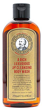 Captain Fawcett Ricki Hall Booze & Baccy Duschgel für Männer, Aloe Vera & Kaffee-Extrakt, rauchiger Tabak, Lorbeerrum und Gewürzduft, hergestellt in Großbritannien, 250 ml