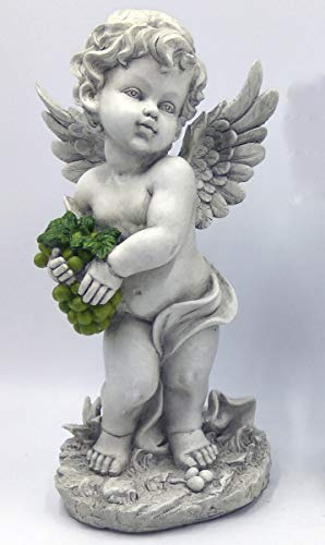 GeKi Trend Statuette d'ange avec grappe de raisin Décoration de jardin résistante au gel Blanc antique 45 cm