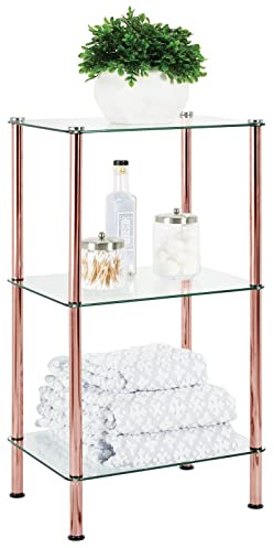 mDesign modernes Glasregal mit Metallbeinen – Badorganizer aus Glas mit 3 Ebenen – elegante Glasablage für Badezimmer, Büro oder Schlafzimmer – durchsichtig und rotgold