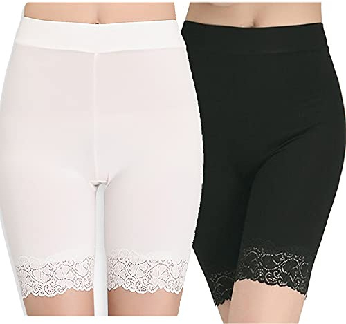 2 Pairs Womens Basic Long Brief Anti Chafing Cotton Shorts Long Leg Knickers Ladies Soft Boxer Shorts Underwear (A-BK+WH)