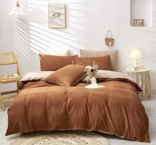 Damier Biancheria da letto 155 x 220 cm, marrone caramello, beige, tinta unita, set di biancheria da letto double-face, set da 2 pezzi, super morbida, con cerniera nascosta e federa da 80 x 80 cm