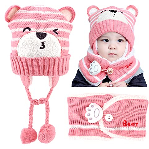 Baby Girls & Boys Winter Hat & Beanie Set with Scarf - Soft Knitted Hats, 46-50cm, Unisex, 6-24 Months (Pink)