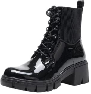 TOP STAKA Womens Winter Ankle Boots Lace Up Fasterning Zip Closure Black Patent Boots Elastic Band Block Heel Shoes Platform Boots Insulating UK Size 3-7.5 Style A68090