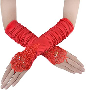 SUNTRADE Fingerlose Damenhandschuhe, Spitze, Satin, gefaltet, Brautparty, Pailletten, elegant, rot, One size