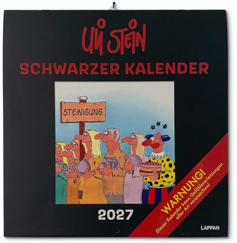Uli Stein Kalender 2027 - Schwarzer Kalender - Wandkalender im Hochformat zum Aufklappen - Monatskalender mit lustigen Cartoons - geöffnet 30 × 60 cm - 5 Postkarten als Extra