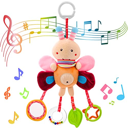Jodsen Baby Pram Pushchair Toys Newborn Sensory Toy for Babies Soft Plush Early Development Stroller Car Toy Hanging Activity Toy with Teether Clip on Pushchair Handbells Baby Rattles Toys (Cute Bee)