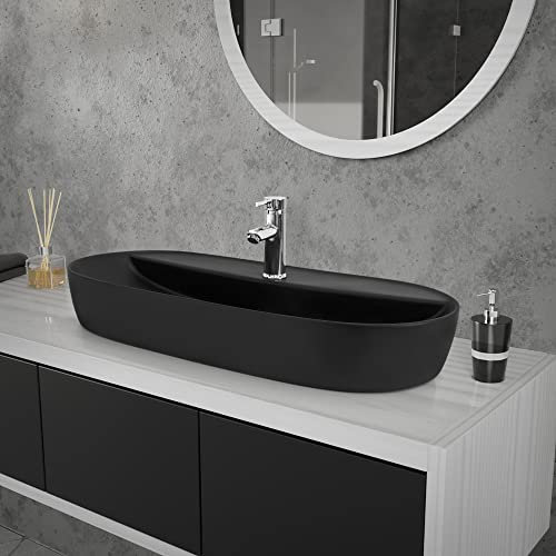ML-Design Lavabo en Céramique Noir Mat 80 x 40 x 12 cm, Ovale, Vasque à Poser sur Table de Toilette, Lave-Mains pour la Salle de Bains/WC Invités, Design Minimaliste Moderne