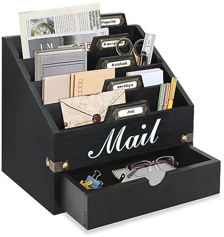 VOOTTOU Brief-Organizer aus Holz, Schreibtisch-Organizer mit 4 Fächern und Schublade, Briefhalter, Aktenordner, Wandhalterung, Schreibtischzubehör und Arbeitsplatz-Organizer, Aktenpapierhalter