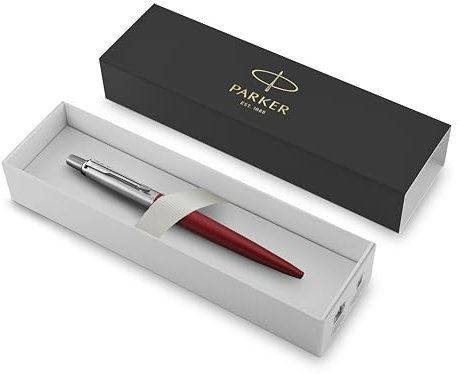 Parker Pen Jotter Premium-Kugelschreiber aus Edelstahl, Kensington, mittlere Spitze, schwarze Tinte, in Geschenkbox (Rot, 1 Stück)