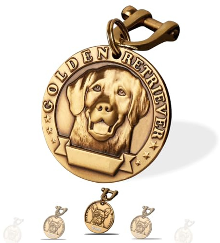 Hundemarke mit Gravur - Hundemarke Personalisiert Gravierter Text auf Beiden Seiten - Messing ⌀35-40mm Dog Tag (Golden Retriever)