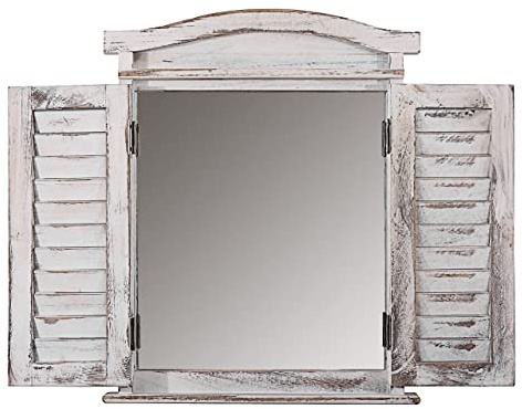 Décoshop26 Miroir Mural Forme fenêtre avec Volets 53x42x5cm en Bois Blanc Vieilli 04_0005485