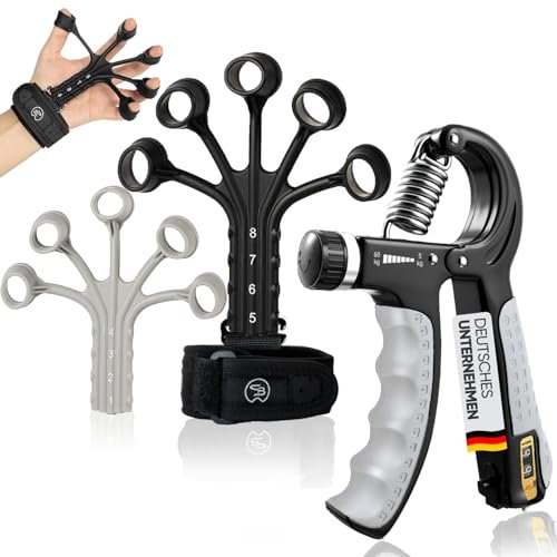 STRABOZZ Griffkraft Trainer Set, Handtrainer Fingertrainer -3-Teilig- Einstellbarer Unterarmtrainer 5-60kg -8- Widerstandsstufen Fingerstrecker mit Neopren Handgelenk Band - Unterarm & Hand Training