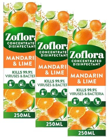 Zoflora Mandarin and Lime 250ml, Concentrated 3-in-1 Multipurpose Disinfectant Kills 99.9% of Bacteria & Viruses (Pack of 3)