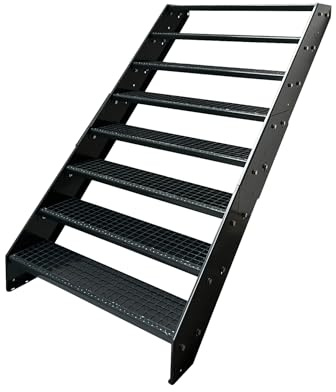 Kaminbau Mierzwa Premium Stahl Treppe W2 komplett Anthrazit / 8 Stufen verzinkt (Breite 800 mm) (Höhe 152 cm) Wetterfest Gitterroststufe Gartentreppe