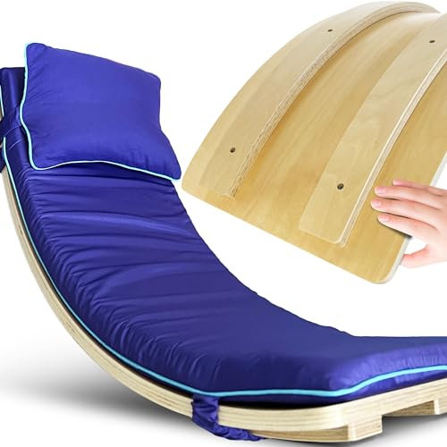 Holz Lila Balance Board Kids von QUOKKA - 35 Zoll Schwebebalken für Kinder 3-5 mit Matte und Kissen - Fingersicheres Wackelbrett | wasserabweisend | witterungsbeständig | Buchenholz | Matte und