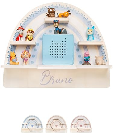 wunderwunsch personalisiertes Tonie Regal für Kinderzimmer - Magnetisches Toniebox Regal für Toniebox1 & 2 Plus Figuren mit abgerundeten Ecken & Kanten (Regenbogen blau)