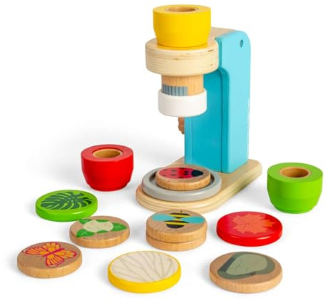 Bigjigs Toys - Mikroskop - 14 -teiliges Holzmikroskopspielzeug mit 3 Objektiven, vorgetäuschtes Spielmikroskope für Kinder, Spaß- und Bildungsgeschenke, nachhaltig gemacht, 3 + Jahre alt