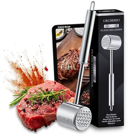 GRUBERIO Attendrisseur à viande avec livre électronique de recettes (français non garanti) - Attendrisseur d'escalopes - Marteau à viande - Plaquette à viande - Acier inoxydable