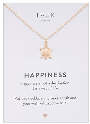 LUUK LIFESTYLE Filigrane Halsketten mit Anhänger und Karte mit HAPPINESS Spruch, zeitloses Design und moderne Motive, in Silber, Gold und Rosegold