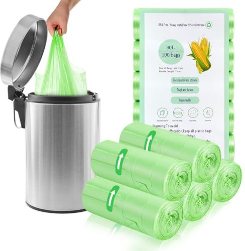 100 x 30 Liter Green Bin Bags with Handle, 23.6 * 25.6in/8Gallon Portable Food Waste Bags Medium Kitchen Bin Liners Food Caddy Bags for Office Bathroom Kitchen Garbage Bin
