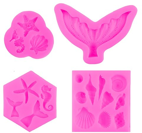 TRUEIN 4 Stück Silikonform Meerjungfrau Fondantform, 3D Muschel Seestern Silikonformen, DIY Meerestiere Silikon Formen, Ozean Tier Meerjungfrau Silikonform für Backen Kuchen Schokolade