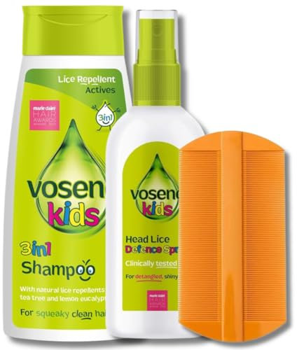 Vosene Head Lice Repellent Bundle – Kids 3-in-1 Head Lice Repellent Shampoo (250ml), Leave-In Conditioning Repellent Spray (150ml) & Nit Comb – Natural Lice Protection with Tea Tree & Citronella Oils
