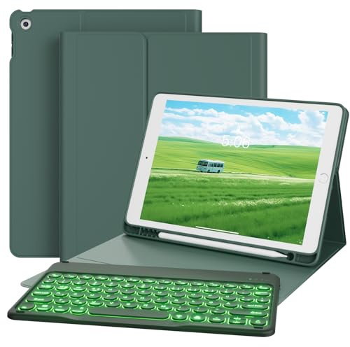 GKABXY Étui-clavier iPad 9/8/7 (2021/2020/2019) - Coque arrière TPU souple 10,2, porte-stylo, rétroéclairage 7 couleurs, clavier Bluetooth magnétique amovible, vert