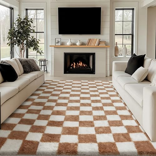 HUGEAR Kariert Flauschig Teppich Wohnzimmer 240x300cm Braun Weiß Shaggy Carpet