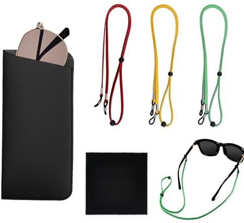 3 Stück Unisex Brillenbänder Weiches Leder Brillenetui mit Reinigungstuch Rutschfest Verstellbare Brillenhalskordel Universal Brillenband Lanyard PU Sonnenbrillenetui für Frauen Männer (Set A)