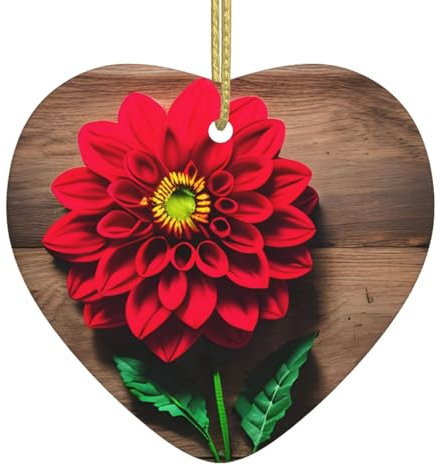 Holzbrett, Retro-Blume, roter Dahlie-Druck, Weihnachtsdekoration, herzförmige Keramik-Weihnachtsdekoration, Weihnachtsbaumdekoration, Urlaub