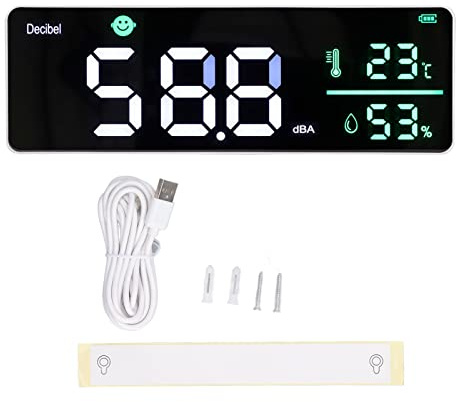 Schallpegelmesser mit großem LED-Bildschirm, automatischem Alarm, 28 cm langes USB-Kabel, für Klassenzimmer, Temperatur- und Feuchtigkeitsmesser