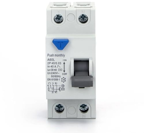 Disjoncteur différentiel 2P 63A 30mA AC, idéal pour la protection des circuits électriques et la prévention des chocs électriques.