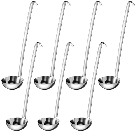 7Pcs Stainless Steel Soup Ladle with Hook End 2oz/3oz/4oz Long Handle Serving Ladles Multipurpose Portioning Ladles Kitchen Utensil Spoon for Kitchen Cooking Soup Gravy Salad Dressing(4oz)
