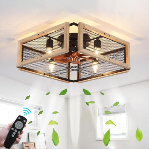 Vintage Industrial Ceiling Fan with Remote Control E27 Retro Cage Light Silent Ceiling Fan for Bedroom Living Room Dining Room Lighting