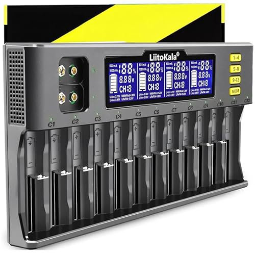Retoo Akku Ladegerät für AA, AAA, 9V NI-MH/NI-CD, Li-ion-3.70V/3.80V, LiFePO403.20V, 12-Ladeplatz, Universal Schnell Batterieladegerät mit LCD Anzeige, Wiederaufladbare Batterien, Schwarz
