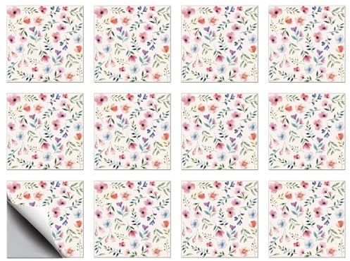 CHGCRAFT 12 Stück Fliesenaufkleber Rosa Blumen Peel und Stick Wandfliese Aufkleber Nahtlose florale Muster Textur Wasserdicht Selbstklebend Kachel Aufkleber für Küche Bad Wandkunst Dekor, 8×8 Zoll