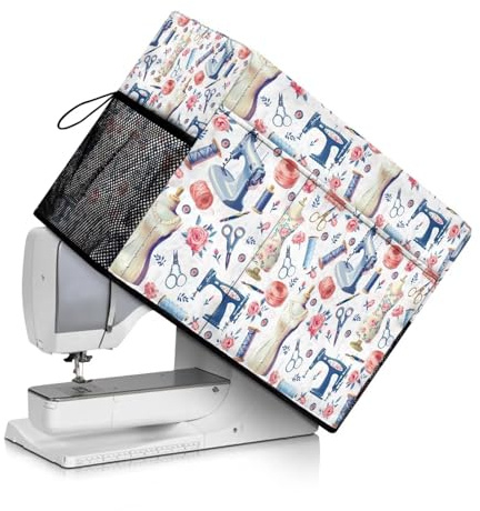 Urndoeng Sewing Elements Sewing Machine Cover, Heavy-Duty Dust & Pet Hair Protection with Storage Pocket, Fits Brother, Singer, Janome Machine (White)