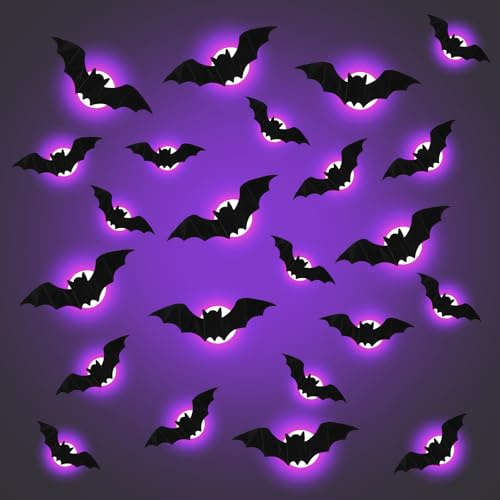 Behogan Décoration d'Halloween chauve-souris LED : lot de 24 autocollants chauve-souris violets, autocollants muraux 3D chauve-souris autocollants muraux avec batterie, pour la décoration intérieure