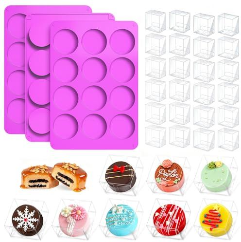 MGWOTH Chocolate Covered Mold Set: 3PCS Silicone Cookie Mold with 50 Clear Treat Boxes, Round Baking Mold for Oreos,Candy, Rice Crispy, Mini Cake, Individually Wrapped Cakesicle Party Favor Packaging