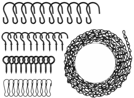 Kellegour Cadena Colgante de Plantas,Cadena de Maceta,500CM Colgante Cadenas de Cestas Negra con Ganchos,Clips,Ojales de Tornillo,para Macetas,Decoración de Faroles,Pajareras,Vallas Publicitarias