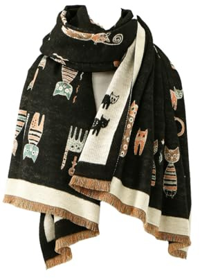 AMateschitz Sciarpa invernale da donna con motivo di gatti, sciarpa avvolgente, sciarpa invernale con nappe, morbida e lunga, sciarpa da donna, per autunno e inverno