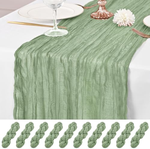 10 Pièces Chemin de Table Vert Sauge, Chemin de Table en Étamine 55x300 cm Chemins de Table en Gaze Rustique Chemins de Table Romantiques en Tissu Transparent Long pour Fête de Mariage, Fête Prénatale