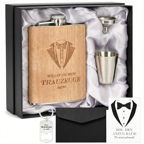 Flachmann Geschenkset 8oz mit Gravur – Edelstahl Flachmann, 4 Becher, Trichter & Geschenkbox für Trauzeuge, Trauzeugin, Hochzeitsgeschenk für Männer & Frauen