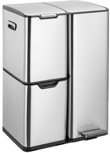 LIFERUN Cubo de basura con 3 compartimentos, sistema de separación de basura de 60 L (30 + 17 + 13 L) con tapa de cierre suave, cubo de basura de cocina de acero inoxidable y metal, cubo interior