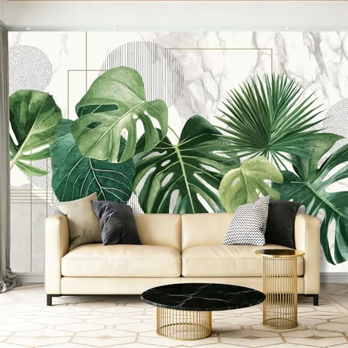 Papel Tapiz Fotográfico Tropical Monstera Geométrico Hojas De Palma Papel Pintado Murales Póster Verde Fotográfico Para Dormitorio Salón Tv Pared 200 x 140 cm