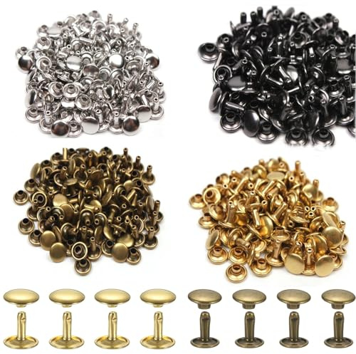 ZUWIJEQ Remaches para Cuero 60 Sets, 12x10mm Remaches Doble Tapa Metálicos, Kit de Remaches para Ropa, Manualidades, Bolsos, Cinturones, Zapatos, 4 Colores (Oro, Plata, Bronce, Negro)