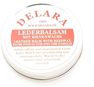 DELARA Lederbalsam mit hochwertigem Bienenwachs - Macht das Leder weich, geschmeidig und atmungsaktiv, braun, Dose 100 ml, Made in Germany